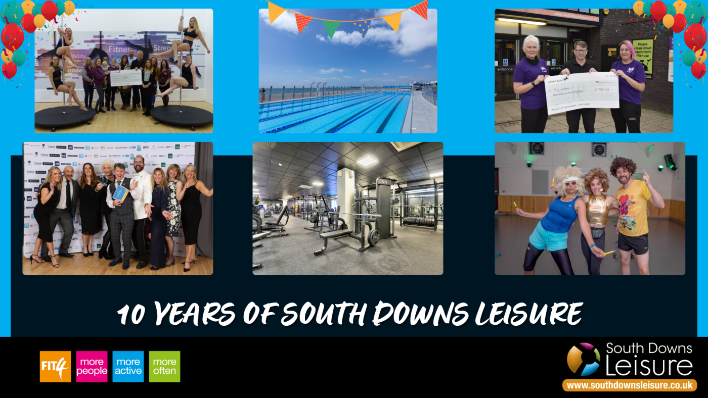A graphic showing various pictures from 10 year of South Downs Leisure